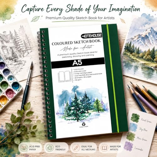 Image of NOTEHOUSE A5 Portrait Spiral Sketchbook (14x21 cm) | 96 Unruled White Thick Pages | Professional Drawing Notebook | Green Hard Cover Art Book for Artists & Students