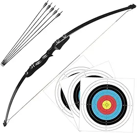 Arco Flecha Profissional Destro de Madeira com Libragem de 40lbs + 5 Flechas com Ponta de Alumínio + 3 Alvos de Treino Arqueria Tiro ao Alvo Caça Pescaria