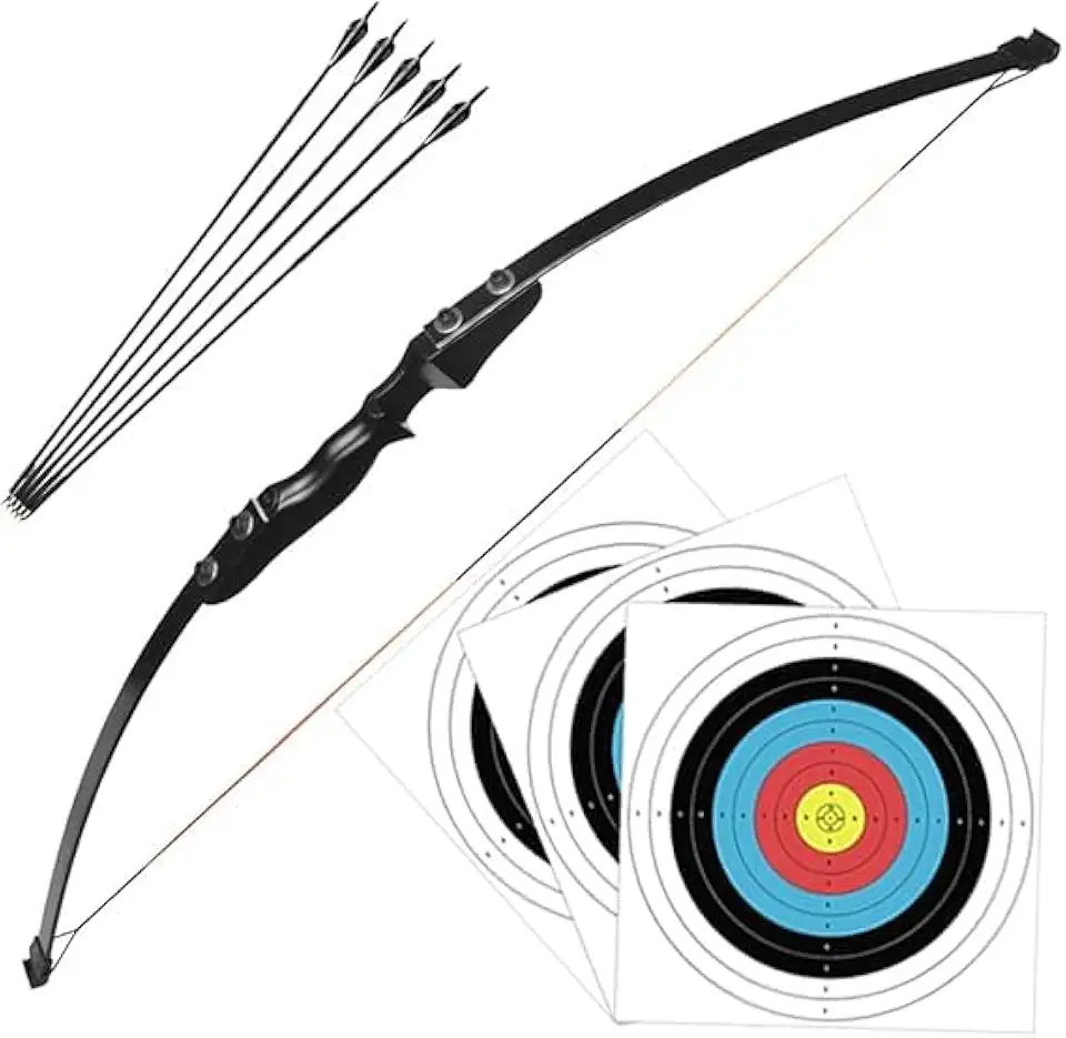 Arco Flecha Profissional Destro de Madeira com Libragem de 40lbs + 5 Flechas com Ponta de Alumínio + 3 Alvos de Treino Arqueria Tiro ao Alvo Caça Pescaria