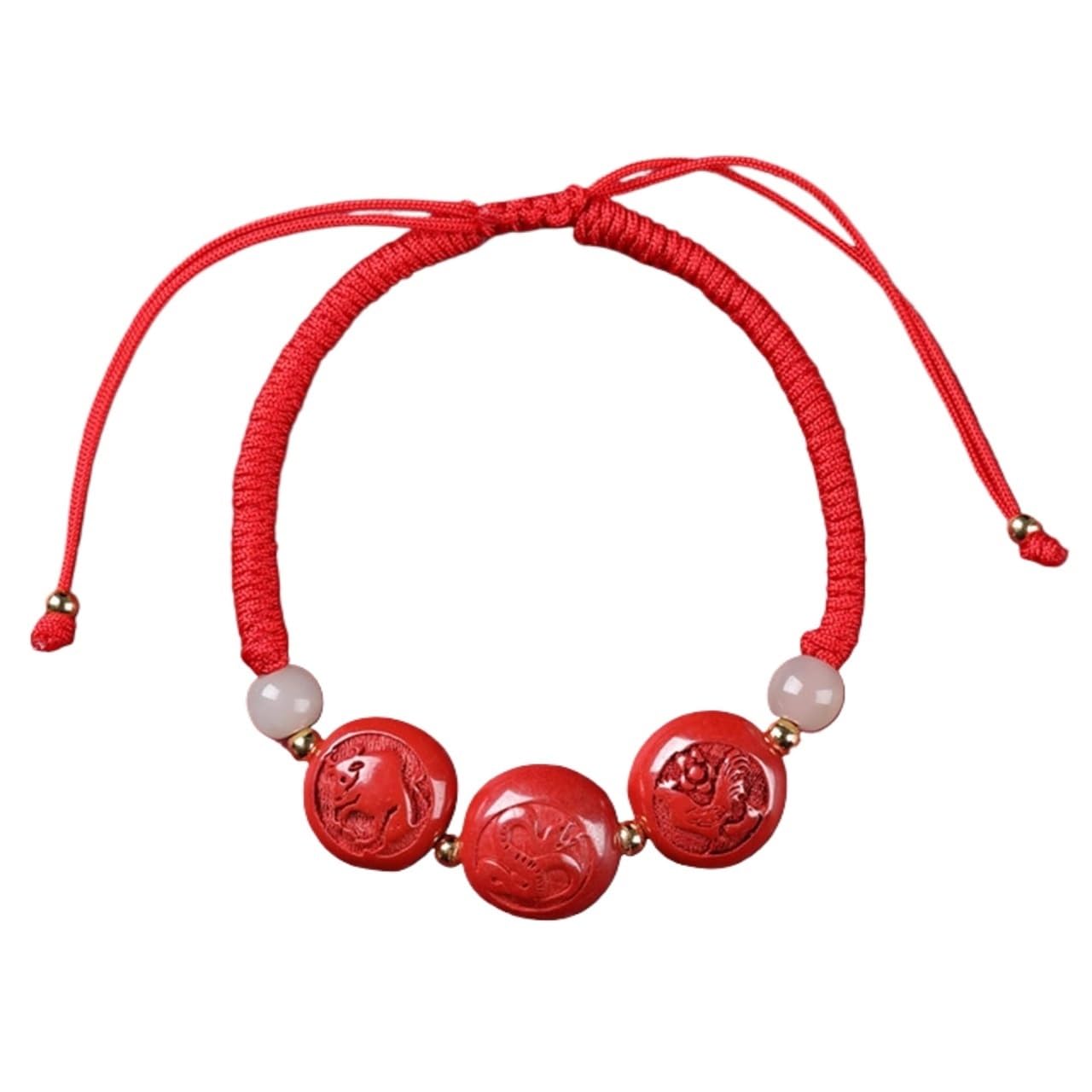 Nzpost Snake Rooster Ox_jade Bracelet, Natural Cinnabar Carved Zodiac S Lucky Charm Hand Woven Rope Red String Adjustable Bracel