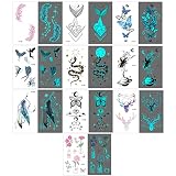【10 piezas】10 piezas de tatuajes temporales de neón UV que miden 105 mm x 60 mm. Estos incluyen mariposas, peces, plumas, flores, serpientes, lunas, estrellas, bailarinas y otros patrones. ¡Los tatuajes brillan bajo la luz UV/luz negra!