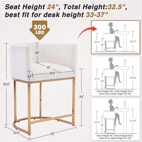 HNY Modern Barrel Counter Height Bar Stool, 24 Inch Velvet Kitchen Barstool with Back for Island, with Gold Metal Tubular Frame,Ivory