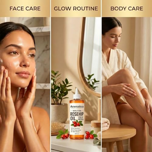 Image of AROMATICO Cold Pressed Rosehip Oil for Skin - Anti-Ageing Face Oil for Dark Spots, Wrinkles & Skin Glow | Rosehip Oil for Hair Nourishment | 200ml