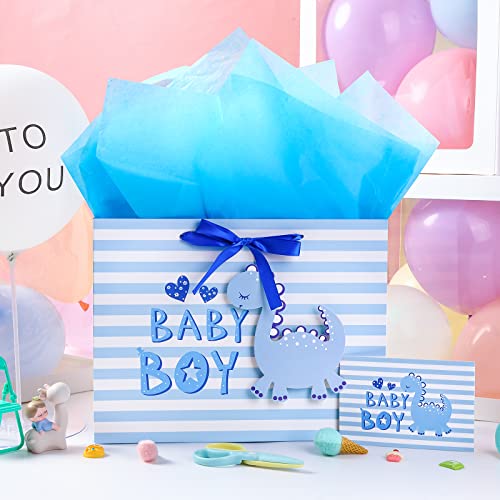Loveinside Baby Boy Gift Bag Blue Dinosaur Design With Tissue Paper And Greeting Card For Baby Shower, New Parents, And More - 13" X 10" X 5", 1 Pcs #TOP1