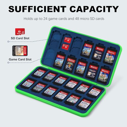 Image of FYY Nintendo Switch Game Case Holder for Switch 2 Cartridge Case with 24 Game Card Slots & 48 Micro SD Card Slots, Hard Shell, Silicone Lining Green Navy