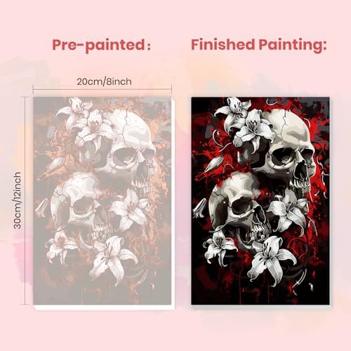 MXJSUA Skulls and Lilies Framed Paint by Numbers Kit for Adults Beginner with Wooden Easel, Adults' Paint-by-Numbers on Canvas, Easy DIY Acrylic Number Painting for Home Decor Gifts, 20x30cm - 2