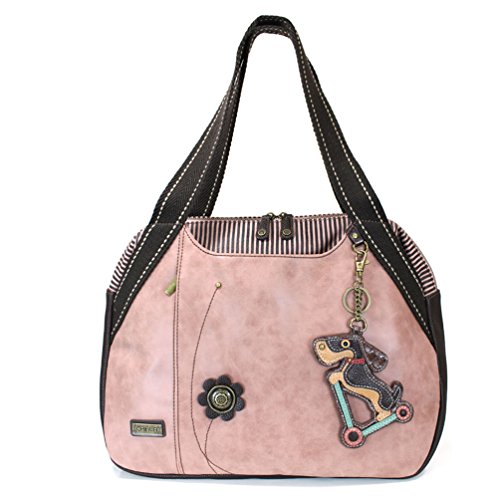 CHALA Handbags Dust Rose Shoulder Purse Tote Bag with Dog Key Fob (Wiener Dog with Scooter)