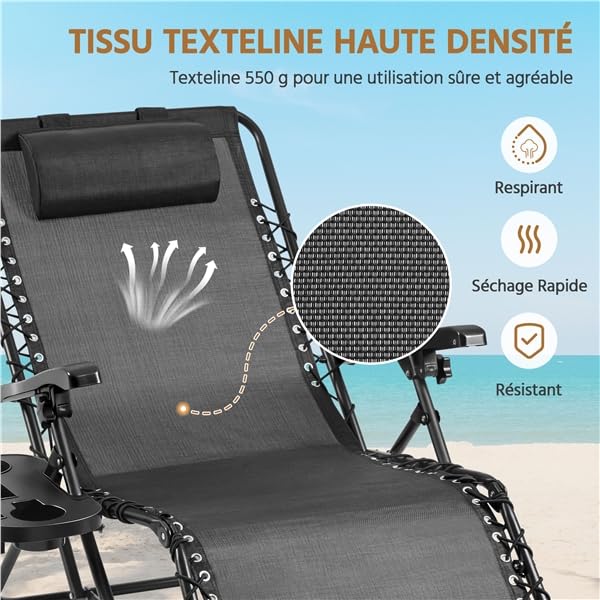 Yaheetech Transat Jardin Exterieur, Inclinable avec Rembourrage Repose Pieds Appuie-tête Amovible, résistant aux intempéries Chaise Longue Pliante Dossier, Salon de Jardin Exterieur (1, Noir)