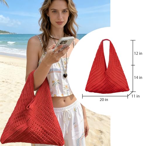 Image of Crochet Beach Tote Bag Summer Vacation Handbags Beach Bag for Women Cute Woven Shoulder Purses Mesh Knit Crochet Bag