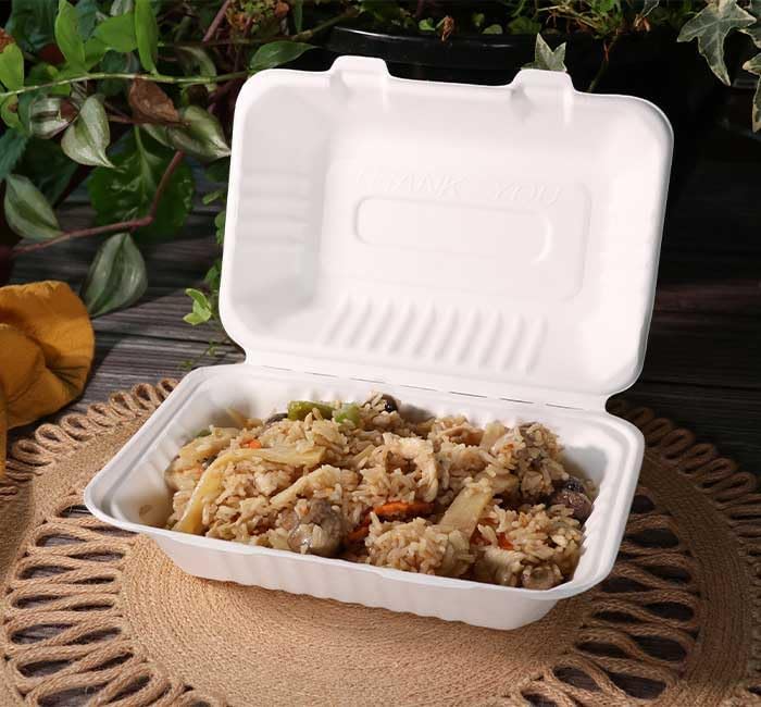 KITCH24/7 White Compostable Molded Fiber Hinged Container, 9 x 6 inch - 200 per case