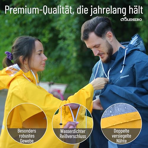 Regenponcho Fahrrad extra wasserdicht und robust - TEST SEHR GUT - Premium Regencape Fahrrad mit Reflektoren, Sichtfenster - Regenbekleidung als Regenponcho Herren und Damen - Regenjacke Dunkelblau L