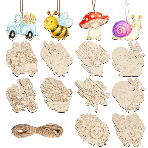 80PCS Unfinished Spring Ornament Wood Crafts, 10 Styles DIY Painting Blank Wooden Cutouts, Insect Butterfly Bee Snail Mushroom Decor Shape Bulk Crafts for Adults (Spring)