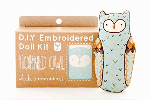 Image of Kiriki Press DIY Embroidery Doll Kit - Skill Level 2 - Beginner to Advanced Embroidery Kits for Adults Teens (3 Skill Levels) Animal Embroidery Kit - Screen Printed Pattern (Horned Owl - Level 2)