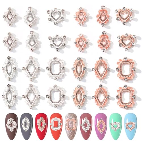 XEAOHESY 36pcs 3D Metal Nail Charms Retro Rose Gold Silver Nail Art Charms Inlay Clear Rhinestones Nail Gems and Charms Heart Rhombus Square Hollow Out Frame Nail Art Decoration Accessories for Women