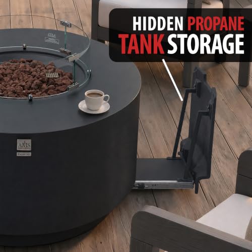 Image of AMS Round Concrete GFRC Propane Gas Fire Pit Table Bundle (Dark Gray)