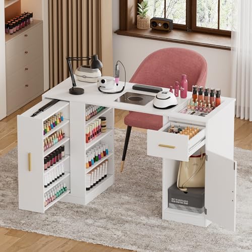 Table Manucure, Table Onglerie Professionnel en Bois avec Tiroirs, Vitrine avec Aspirateur, Tables Prothésiste Ongulaire Moderne pour Salon de Beauté,Salon...