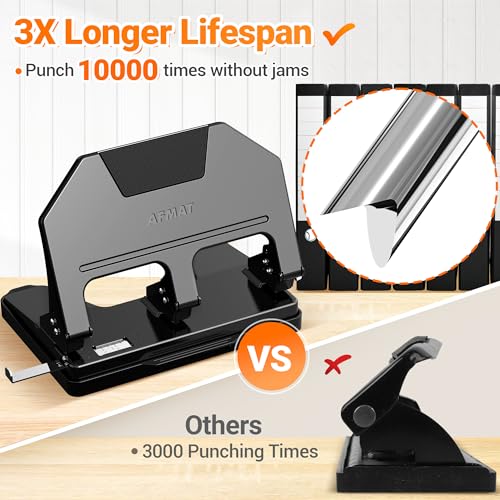 Image of AFMAT 3 Hole Punch Heavy Duty, 9 /32 inch Hole Diameter, 40-Sheet 3 Hole Puncher for Binder, 50% Reduced Effort, Metal Three Hole Punch w / 10,000+ Uses, Bulit-in S.S. Paper Guide, Large Chip Tray, HPX3