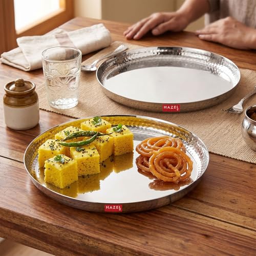 Image of HAZEL Stainless Steel Dinner Plate 30.2cm | Hammered Walls Thali for Lunch, Tiffin Plates, Ideal for Home, Office & Restaurant, Set of 2