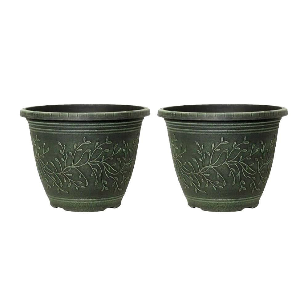 Shopior Green-Pack 2 Round Linden Garden Plant Pot – Weatherproof Decorative Outdoor & Indoor Flower Planter With Drainage Holes | Durable Plastic Plant Pot For Patio, Balcony, Home & Garden - 28Cm (, 28Cm)