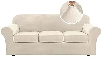 H.VERSAILTEX Modern Velvet Plush 4 Piece High Stretch Sofa Slipcover Furniture Protector Form Fit Luxury Thick Sofa Cover for 3 Cushion Couch, Machine Washable Width Up to 90 Inch(Sofa,Ivory)