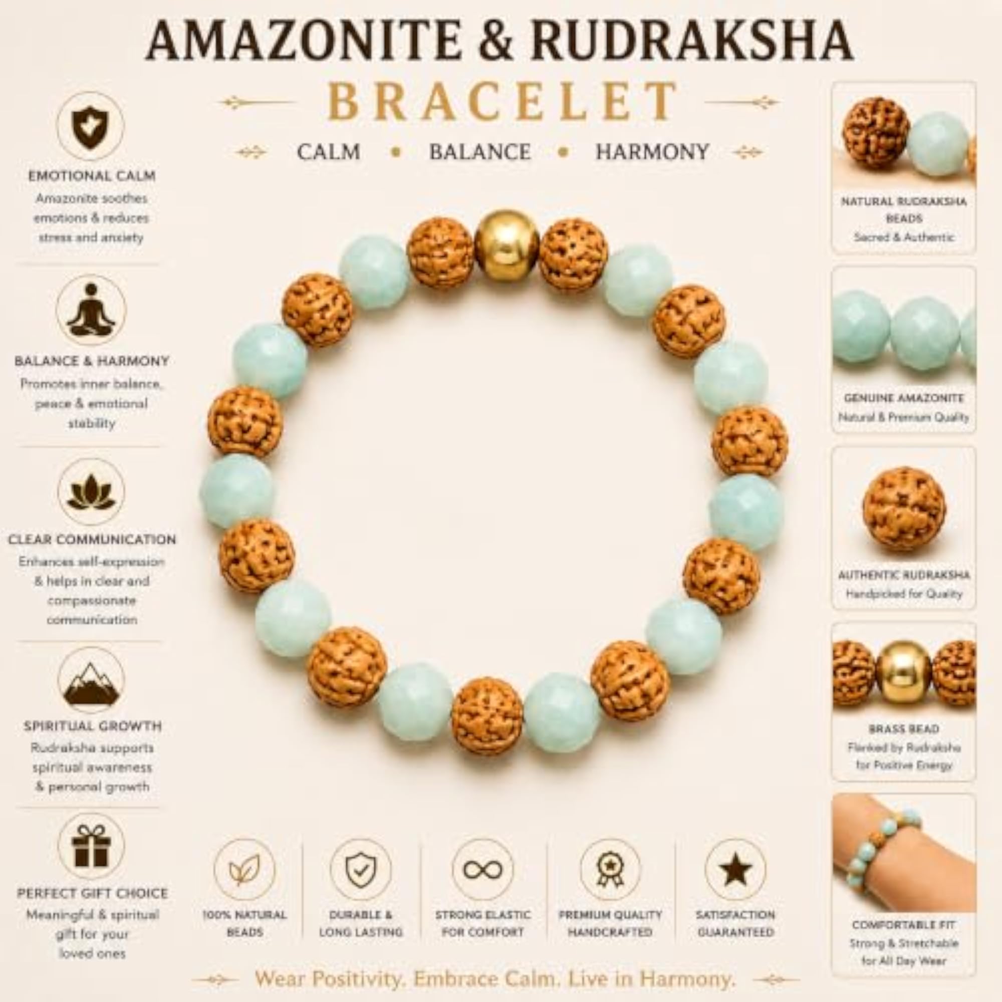 Amazonite & Rudraksha Natural Beaded Bracelet, Spiritual Gift