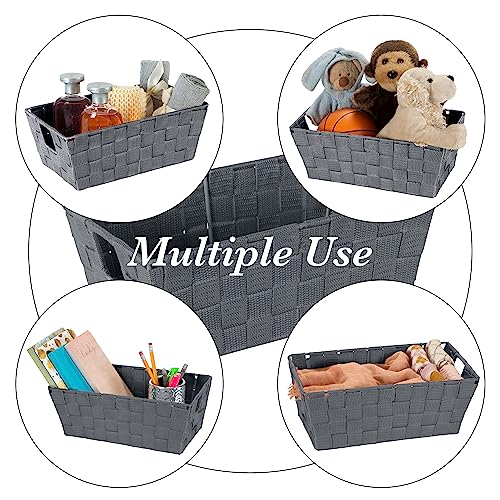 Image of Simplify Small Shelf Woven Strap Tote | Decorative Storage Basket | Built in Handles | Organization | Closet | Bedroom | Bathroom | Nursery | Accessories | Toys | Gifts | 4 Pack | Grey