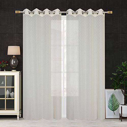 Image of Sheer Net Semi Transparent Home Decor Curtains for Living Room, Balcony Doors and Windows Panel, Parda, Eyelets Hanging, Cream Criss-Cross, 4 x 9 Feet, Pack of 2