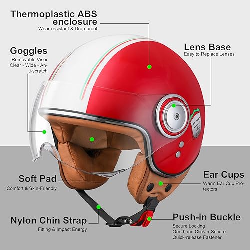 Image of Open Face Motorcycle Helmet for Adults, Half Face Moped Helmets for Men, 3 /4 Retro Vespa Helmet, Classic Vintage Motorcycle Helmet for Women, DOT Approved