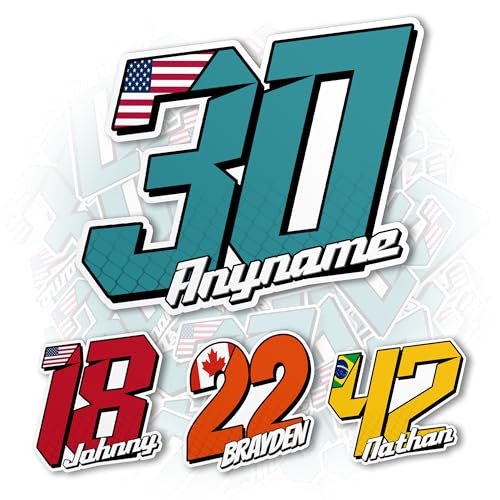 Custom Race Number Sticker, Personalized Racing Name Number with National Flag Car Decal Waterproof Die-Cut Vinyl Stickers for Dirt Bike Plate BMX Car Truck Decor Motorcycle Bike Motors RC
