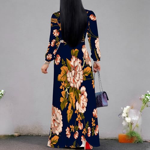 Image of Women Plus Size Long Sleeve V Neck Maxi Dress with Belt | Soft fabric relaxed fit three quarter sleeve v neck with pockets for party and daily wear