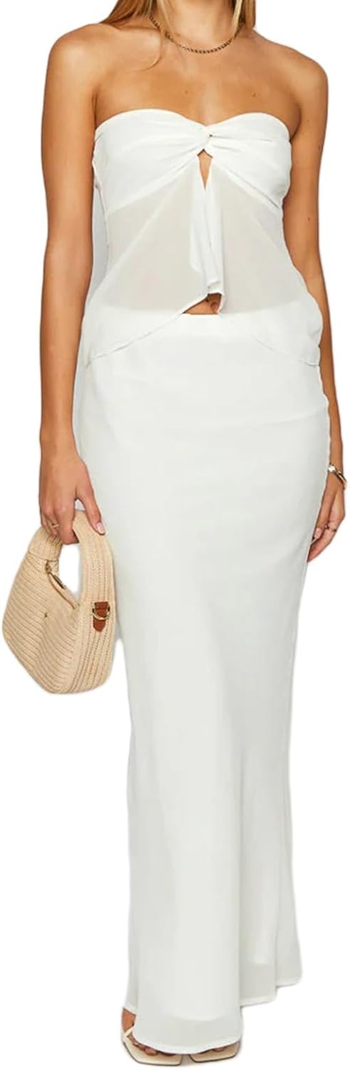 ROAONOCOMO Women Y2K 2 Piece Maxi Skirt Set Strapless Crop Tube Top Ruffle Mesh Skirts Outfit Lace Trim Beach Outfit