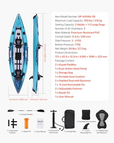 Image of VEVOR 2-Person Inflatable Kayak, 14'4 inch x 3'7 inch - Extra Spacious for Family & Dogs, 700-lb Capacity Sit-in Kayak with Accessories, Includes 2 Paddles, Pump & Carry Bag - Perfect for Fishing and Touring
