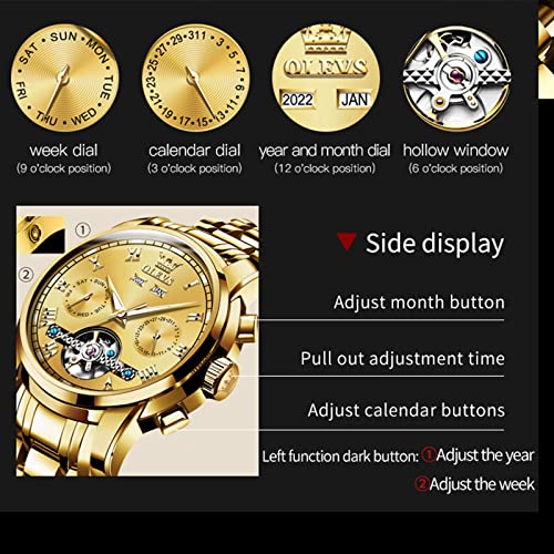 Gold Automatic Watches For Men Olevs Watch Men Skeleton Self Winding Watches No Battery Mens Watches Waterproof Luxury Stainless Steel Tourbillon Men's Wrist Watches Mechanical Men Glod Watch,Reloj Para Hombre #TOP3