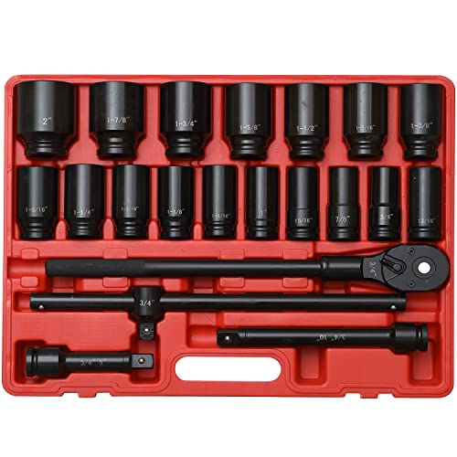 Image of 3 /4 inch Drive 21Pc 6-Point SAE Deep Impact Socket Set 3 /4 inch-2 inch, Cr-Mo Steel w /Ratchet, Extension & Adapters