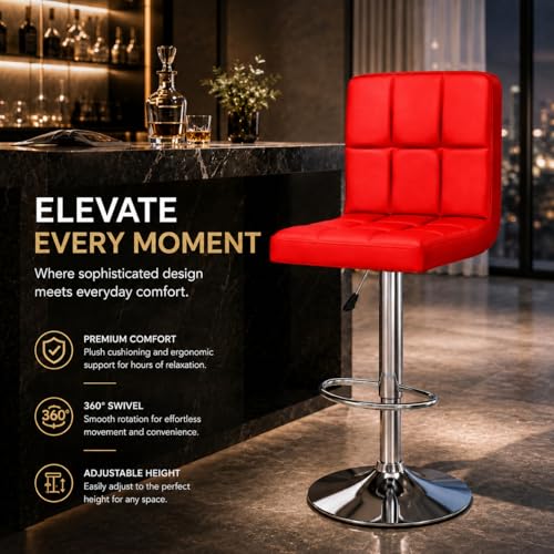 Image of Kemon KaiMeng Modern Adjustable Swivel Bar Stool Chair with Backrest, PU Leather Hydraulic Counter Stool with Footrest for Kitchen Island, Cafe & Home Bar, Red, Square Tufted Back Stool