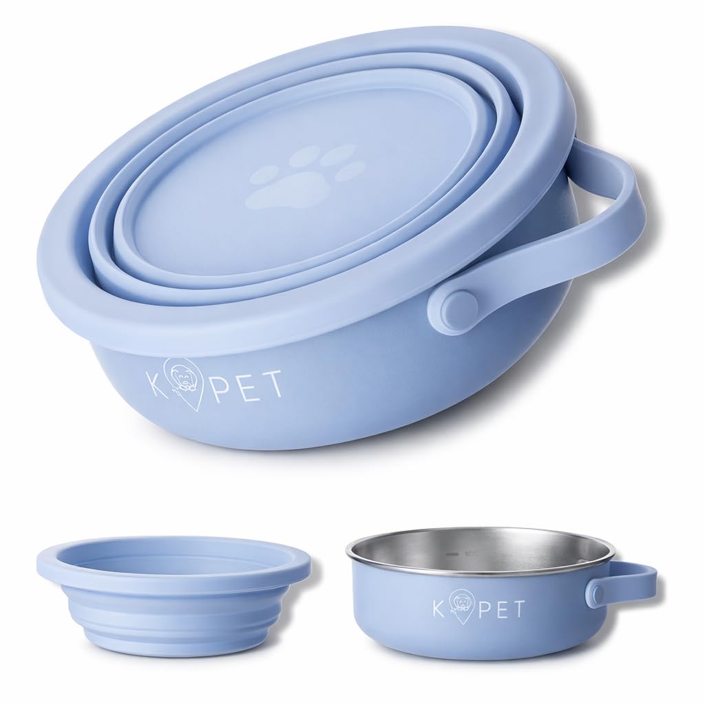 KPET® Comedero y Bebedero Plegable 2 en 1 para Perros y Gatos – Bowl Portátil de 900 ml con Acero Inoxidable + Tazón Silicona, Antideslizante y Fácil de Limpiar – Ideal Coche, Viajes y Senderismo