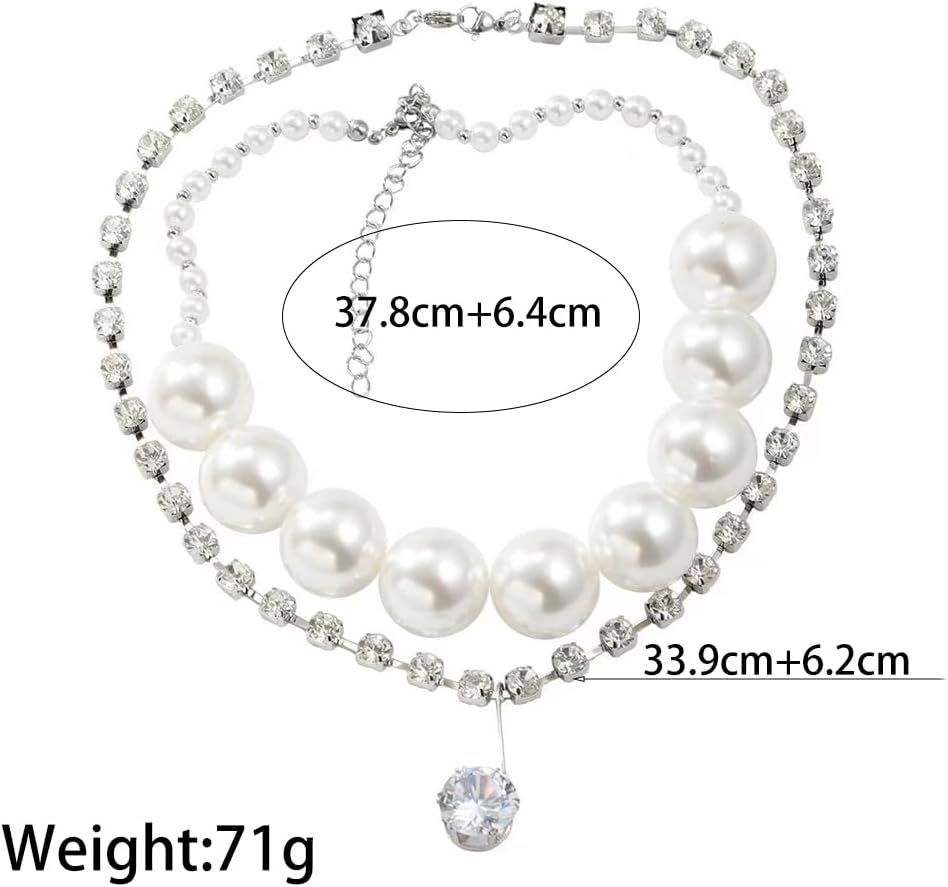 Chunky Pearl Choker Necklace for Women,Big Pearl Rhinestone Layered Necklaces Stack Party Statement Necklaces,Charm Bride Wedding Jewelry Accessories - Image 2
