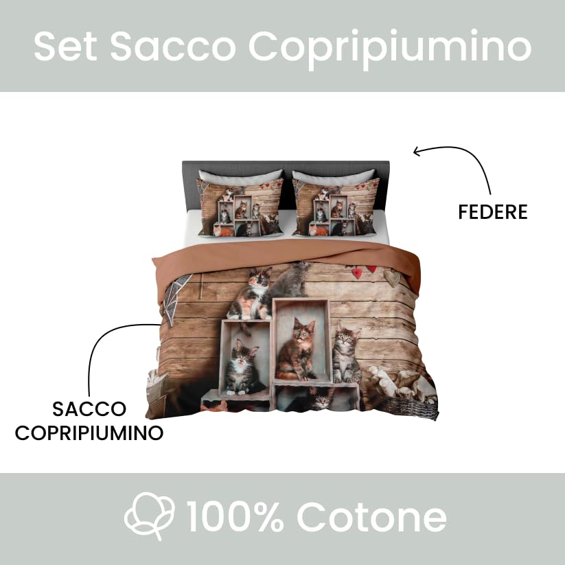 INTRECCI Copripiumino in Cotone Sogni d’Oro, Parure Copri Piumino con Federe Set Sacco Piumone Disponibile in più Fantasie (Set Sacco Singolo + 1 Federa, Dis. 74 Mici In the Box)