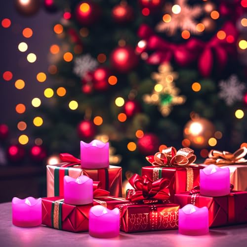 Image of Topstone Remote Control Flameless LED Votive Candles with Timer, CR2450 Battery Powered, Electric Tea Lights for Seasonal and Festival Decoration, Pink Light, 12 pcs