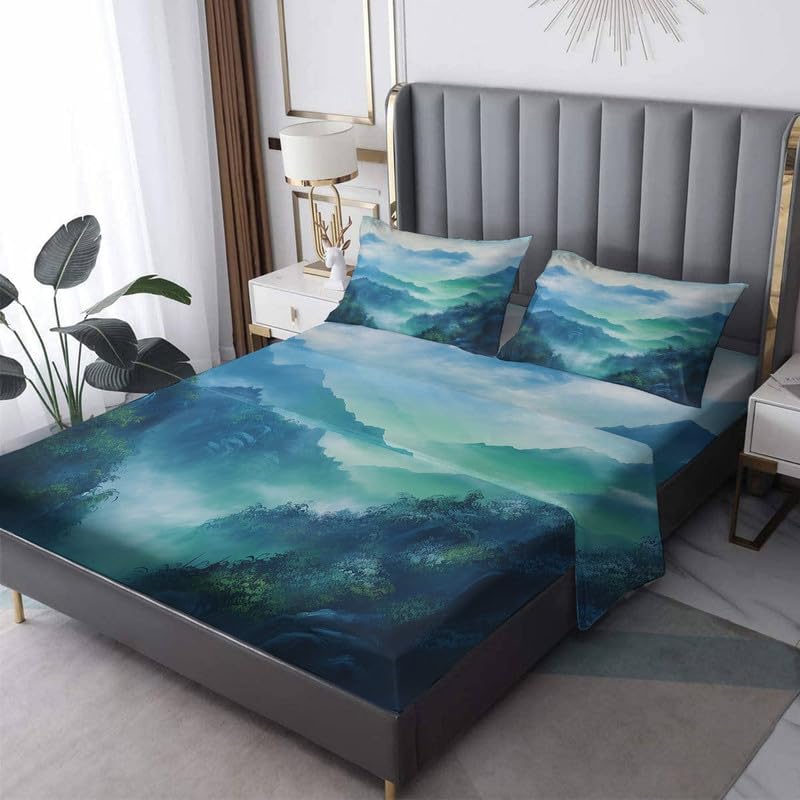 Misty Mountain - Juego de sábanas tamaño Queen, sábanas de microfibra suave con bolsillo profundo y patrón sin arrugas, 1 sábana bajera, 1 sábana