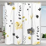 WITHLOC Shower Curtain Watercolor Flower Shower Curtain Sets - Spring Yellow Gray Floral Plant Shower Curtains for Bathroom, Washable Modern Farmhouse Decor, 72 x 72