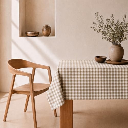 Svet Mantel Antimanchas Tacto Tela Extrasuave, Mesa Rectangular, Algodón Impermeable, 140 X 180 Cm Cuadro Vichy Beige