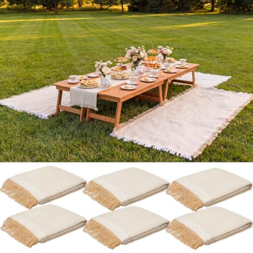 Frienda 6 Pcs Large Boho Outdoor Picnic Blanket 70" x 35" Chic Woven Cotton Yarn Beach Blanket with Fringe Washable Sandproof Portable for Picnic Camping Travel Lawn Bohemian Decor (Classic,Beige) by Frienda - Used condition - Image 9