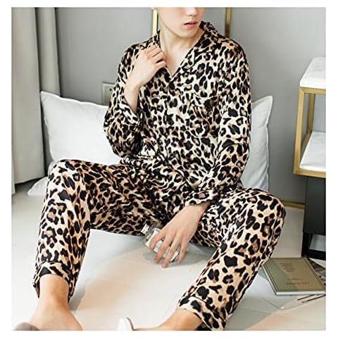 Conjunto de pijama de satén estampado de leopardo para hombre Cover
