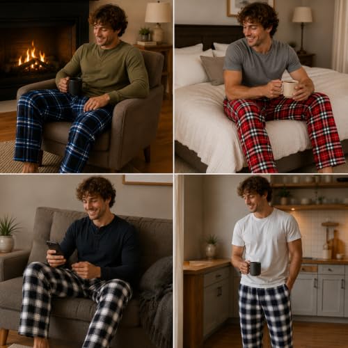 Image of Essential Elements Mens 3 Pack PJ Cotton Flannel Plaid Pajama Lounge Pants | Soft Brushed Warmth With an Elastic Waist, Classic Patterns for Cozy Sleep, Relaxing and Everyday Wear