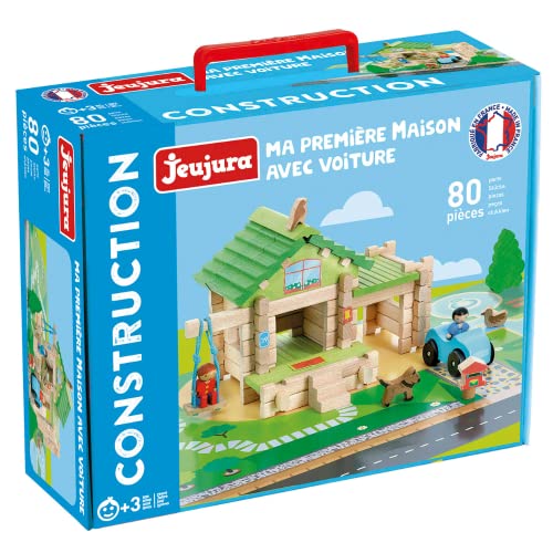 Jeujura - Ma Première Maison avec Voiture - 80 pièces - Jeu de Construction dans sa Valise en Carton - A partir de 3 Ans - Créativité - Manipulation - Catalogue fourni - 8236