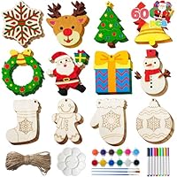 JOYIN 60 Pcs Christmas Wooden Hanging Ornaments Craft Kits, Unfinished Blank Wood Ornaments to Paint for Kids, Christmas Arts & Crafts Bulk, DIY Decorations Coloring Making Set for School Activities