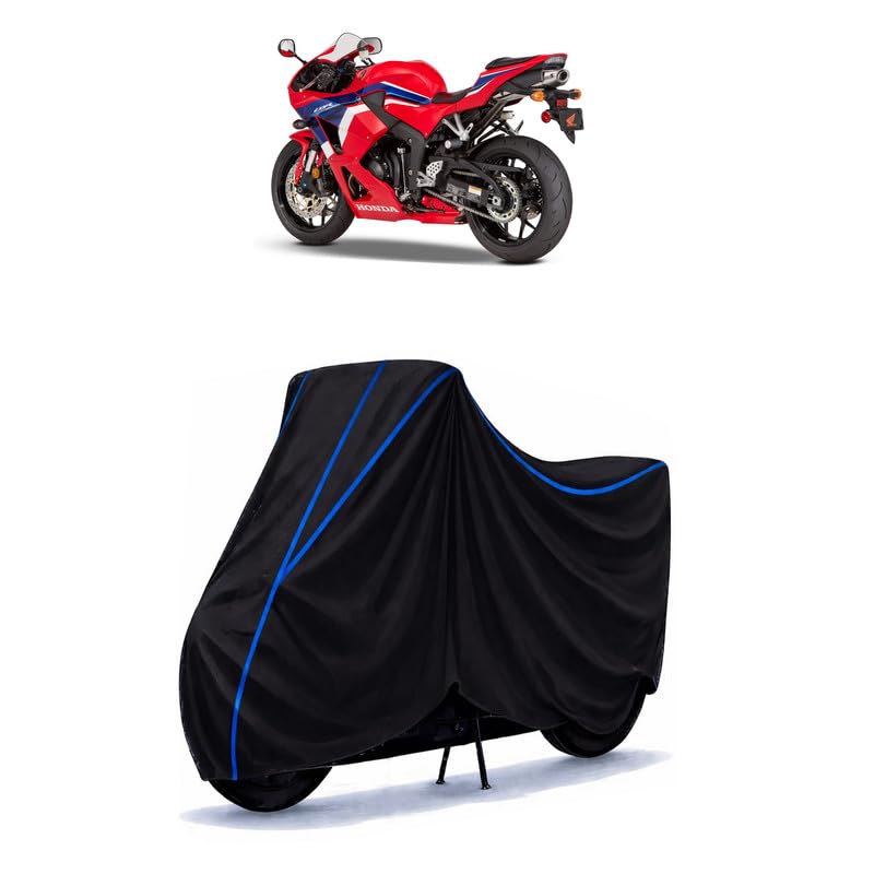 Image of CBR 700 RR Bike Cover Water Resistant Universal Motorcycle Rain | Heavy Duty UV Protection, Dust, Scratch Indoor Outdoor All Weather with Black Blue Piping Elastic