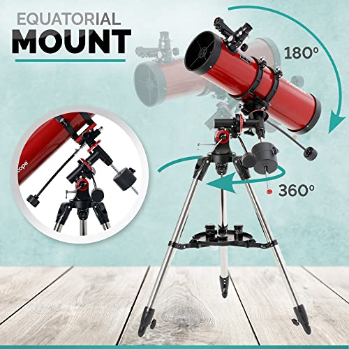 Image of AmScope Reflector EQ Telescope with Equatorial Mount, 130mm Aperture, 650mm Focal Length, Stainless Steel Tripod and Red Dot Finder