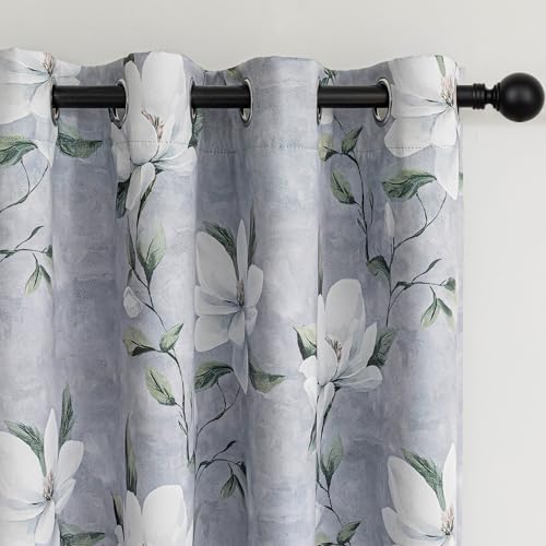 Image of MYSKY HOME Floral 95% Blackout Curtains 90 Inches Long 2 Panels Set - Thermal Insulated Black Out Flower Pattern Printed Drapes Grommet Top for Living Room Bedroom, 52 inch W Each Panel, Light Grey